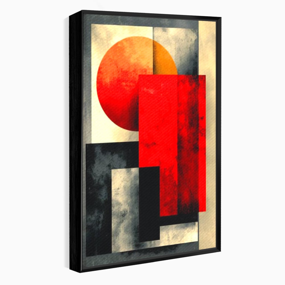 Tablou canvas cu tablou abstract geometric cu soare rosu, in rama de aluminiu negru